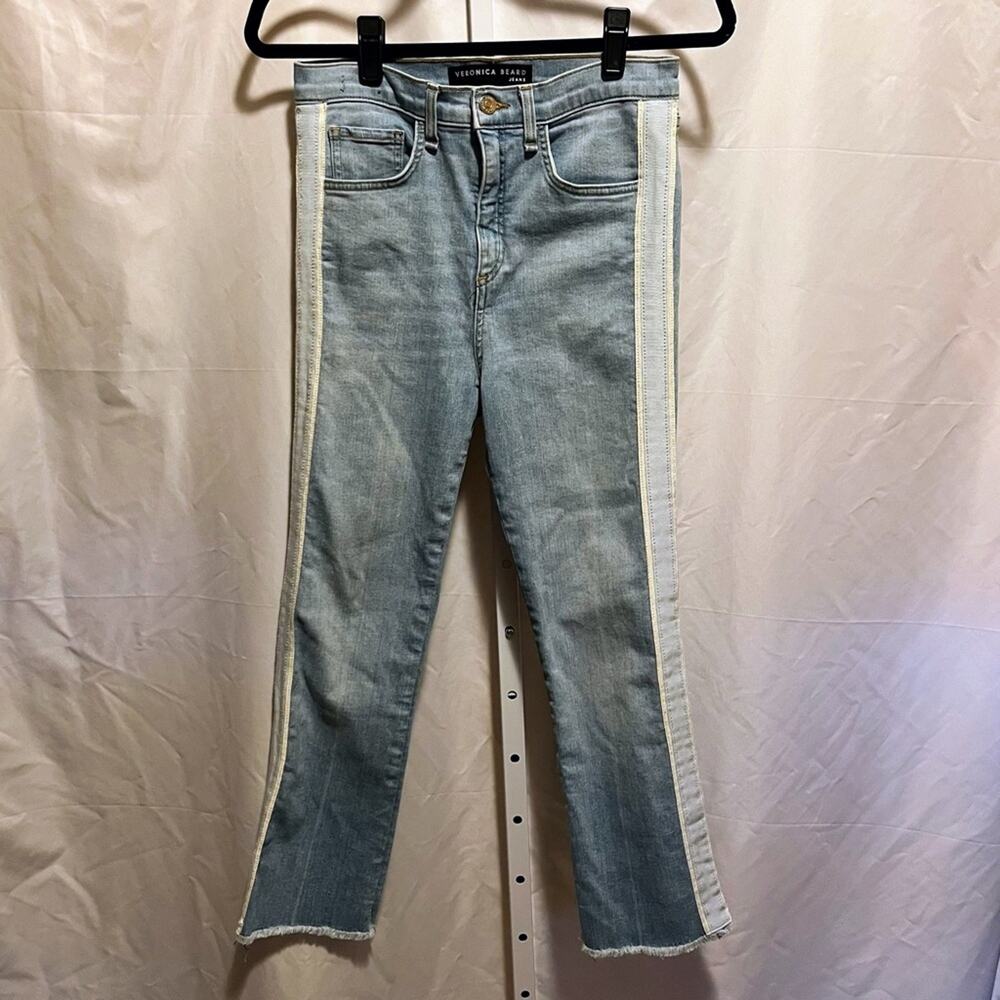 Veronica Beard Carly Kick Flare Jeans 27 Made in USA Tuxedo Stripe 11” Rise $298
